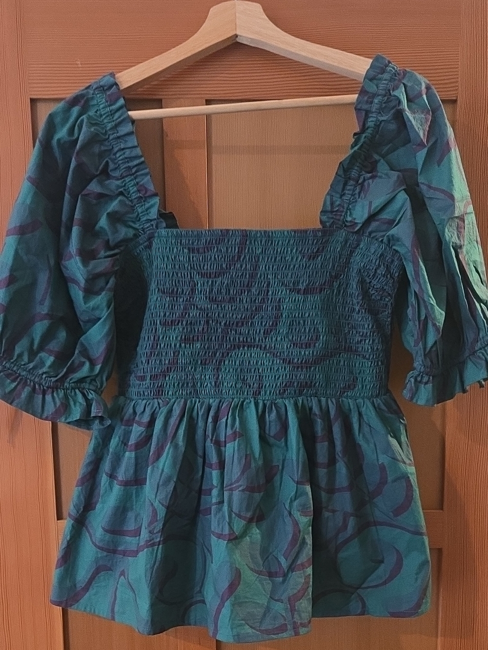 Anthroplogie Porridge Smocked Square-Neck Peasant Top Teal Blue L NWOT